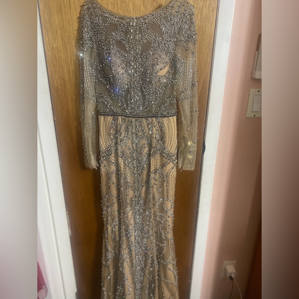 Giovanni sheer sleeve crystal dress